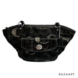 Coach Purse Leah Shoulder Bag Black & Gray stars Sateen #F14654 Silver Hardware